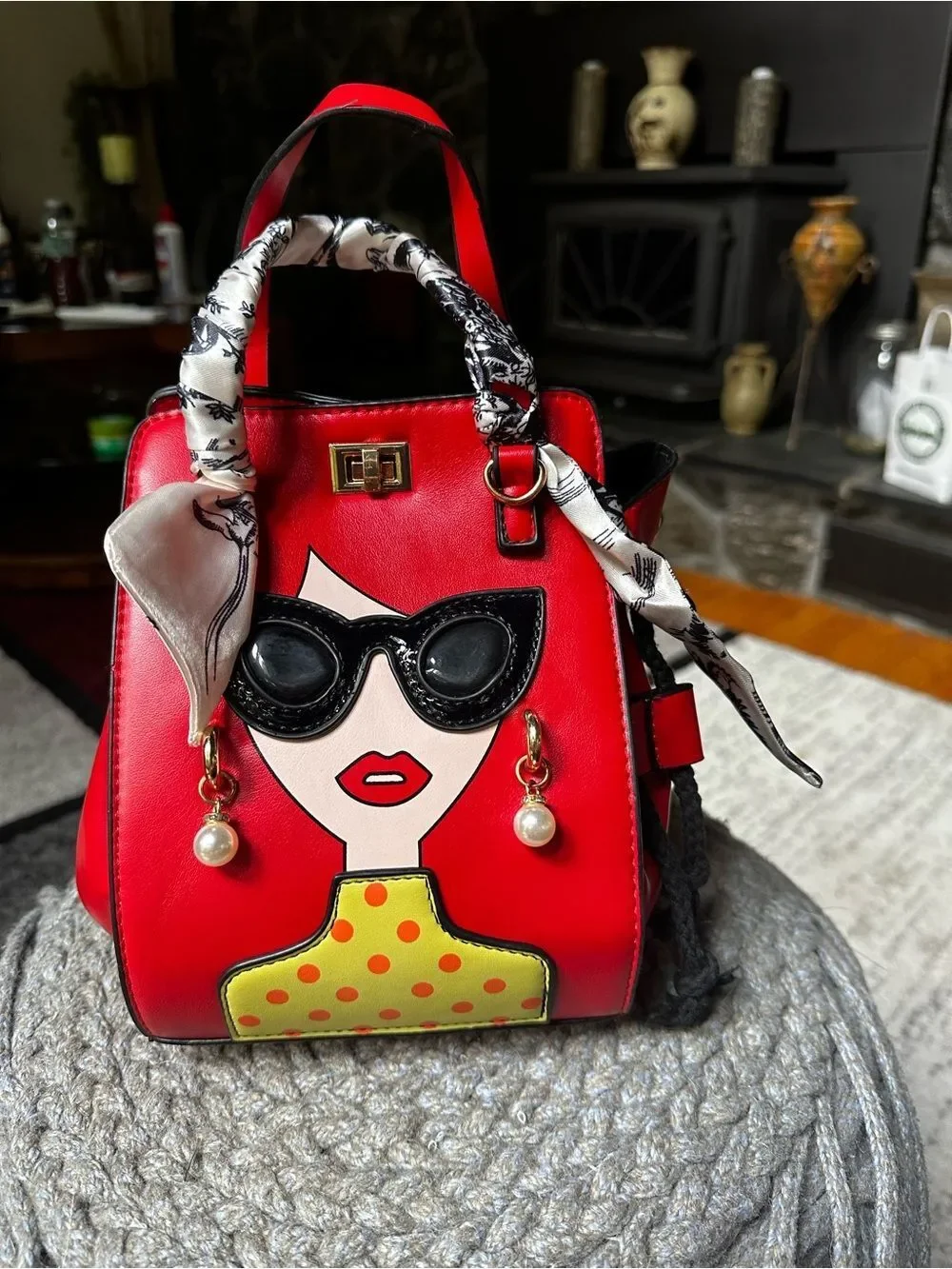 Red Top-Handle Satchel with Graphic Face Detail